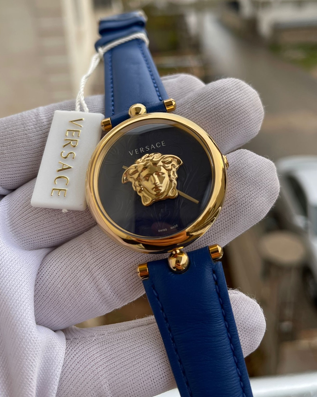 Versace Medusa Gold Kasa Mavi Deri Kordon Bayan Kol Saati L-866